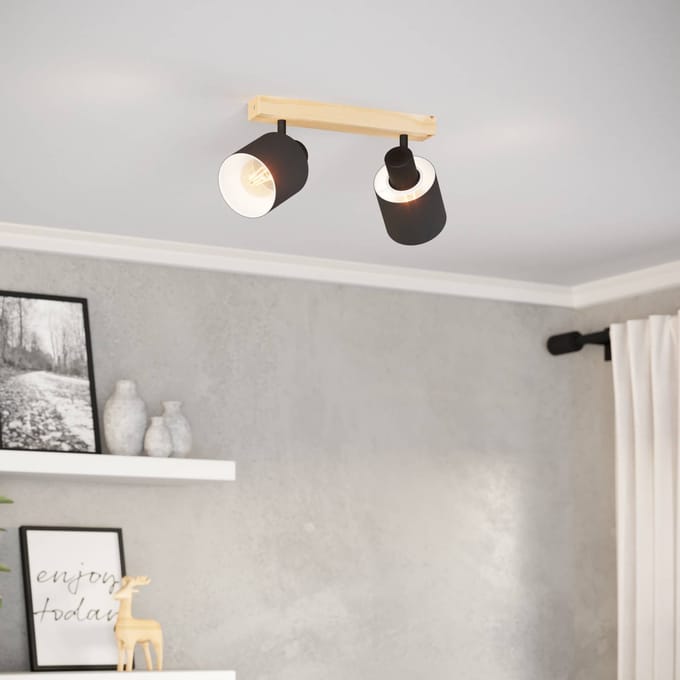 EGLO Batallas plafondspot, lengte 30 cm, zwart/hout, 2-lamps.
