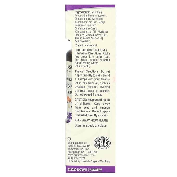 Nature'S Answer, Organic Essential Oil Blend, 100% Pure Vanilla & Cinnamon, 15 Ml (0.5 Fl Oz)