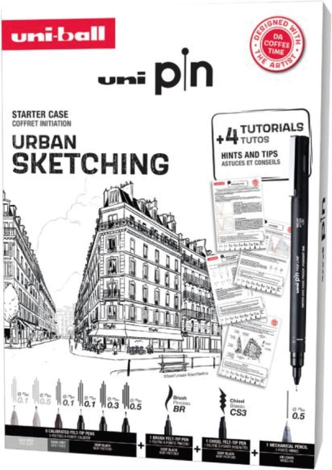 Uni Pin Urban sketcher Set van 9 fineliners + tutorials and tips