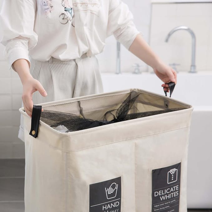 Rollende slanke wasmand 2 vakken met universele wielen en handvat Opvouwbare Oxford-stof beige