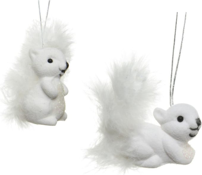 Decoris Eekhoorn kersthangers - 2x st - wit - 6 cm - kunststof - kerstversiering - kerstornamenten