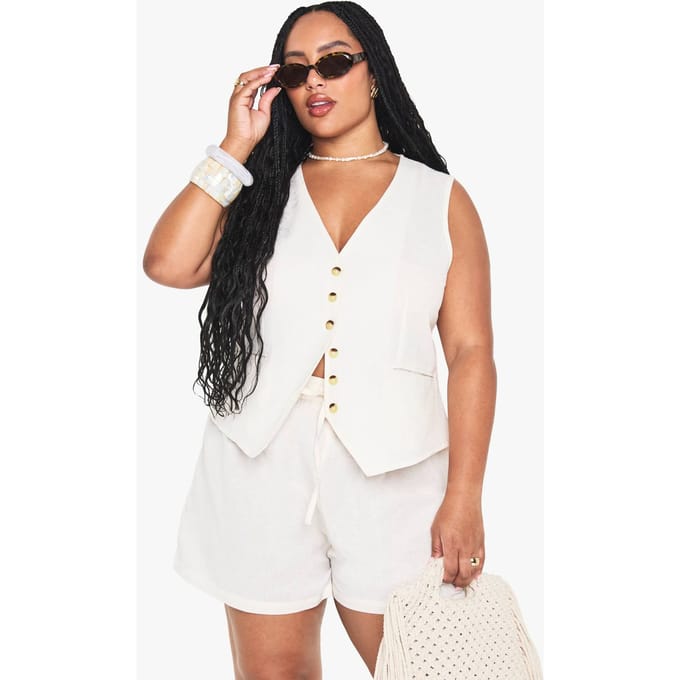 boohoo Dames Plus Linnen-look Vest en Shorts Set | Camel | Maat: 52