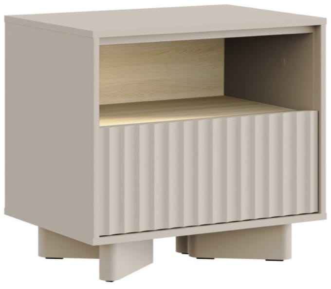 Selsey Distria – Nachtkastje met lade en geribbelde front kasjmiergrijs / eikenlook, 50 cm