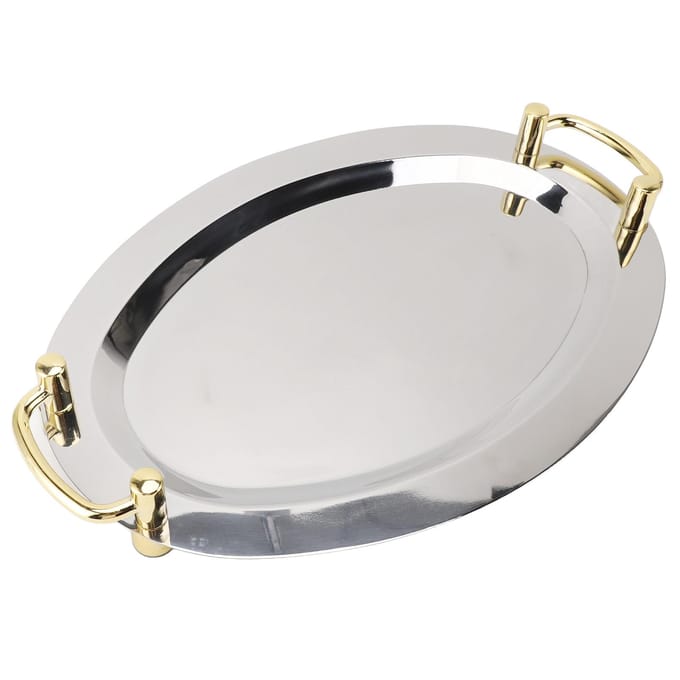 Roestvrijstalen Schaal met Handvat Multifunctioneel Draagbaar Metalen Serveerblad Dinerbord voor Rectangle Shape with Silver Handle, 47.5cm white