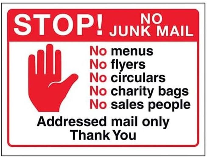 Stop Hand Geen Junk - Geadresseerde Mail - Post Sorteren - Duidelijke Melding - 200mm x 150mm - Rood