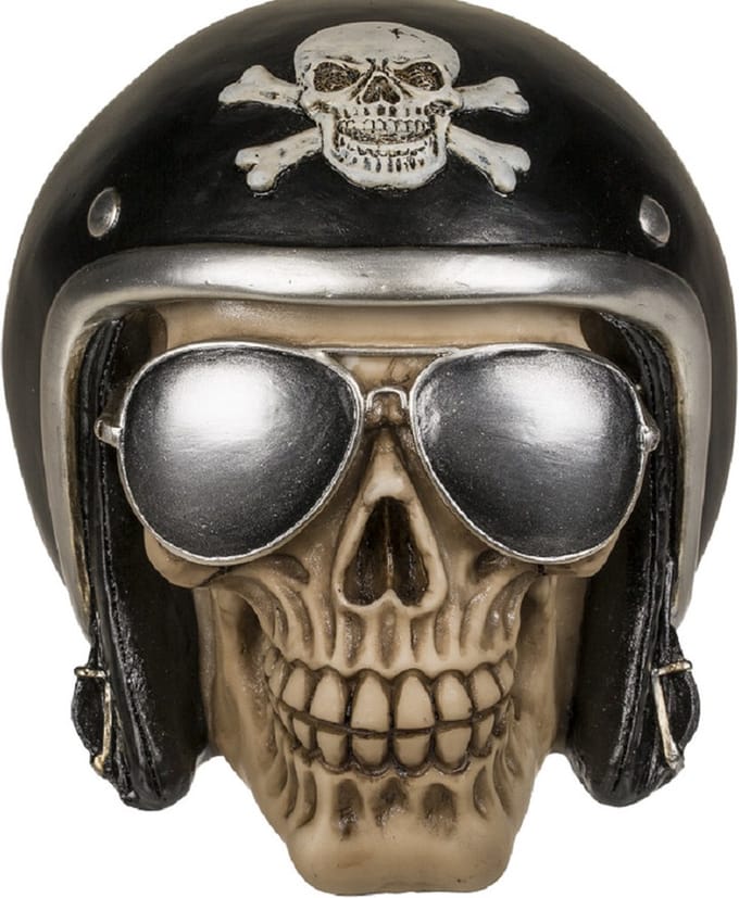 Spaarpot Motor bikers skull/schedel - 16 x 13 cm - met sleuteltje - Vaderdag cadeau - polyresin