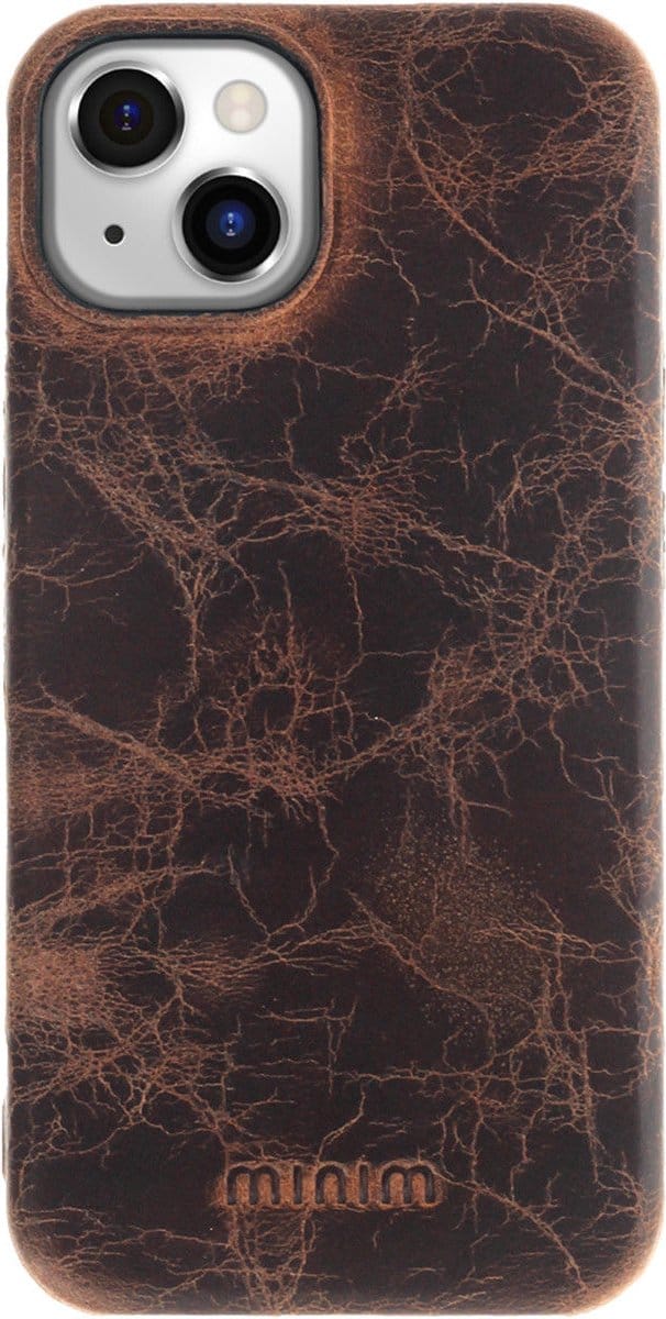 Minim Apple iPhone 14 Plus Hoesje Echt Leer Back Cover Bruin