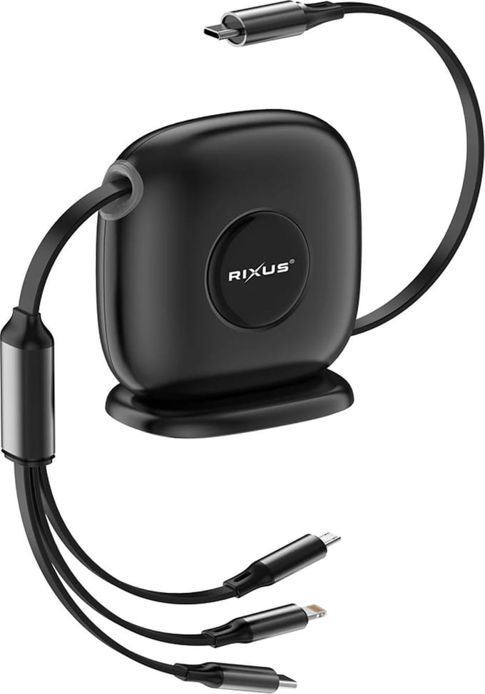 Rixus RXUC61 3-in-1 Oprolbare Oplaadkabel met Apple Lightning/USB C/Micro USB - Snellaad kabel 100 W- 1.1 meter lang - Zwart
