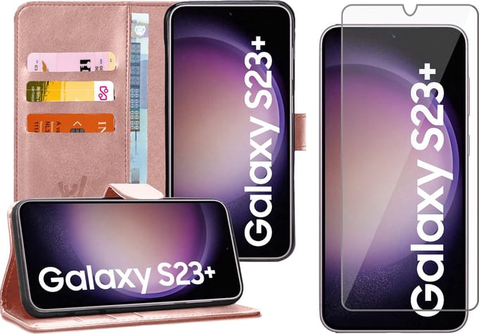 Hoesje geschikt voor Samsung Galaxy S23 Plus - Screen Protector GlassGuard - Book Case Kunstleer Pasjeshouder Roségoud & Screenprotector