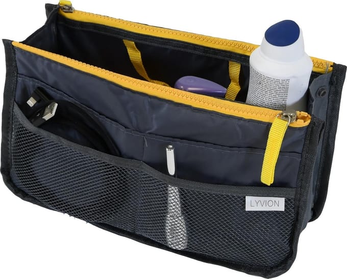 LYVION - Tas Organizer - Bag in Bag - Bag Organizer - 11 Vakken en Ritssluiting - Grijs - Geel