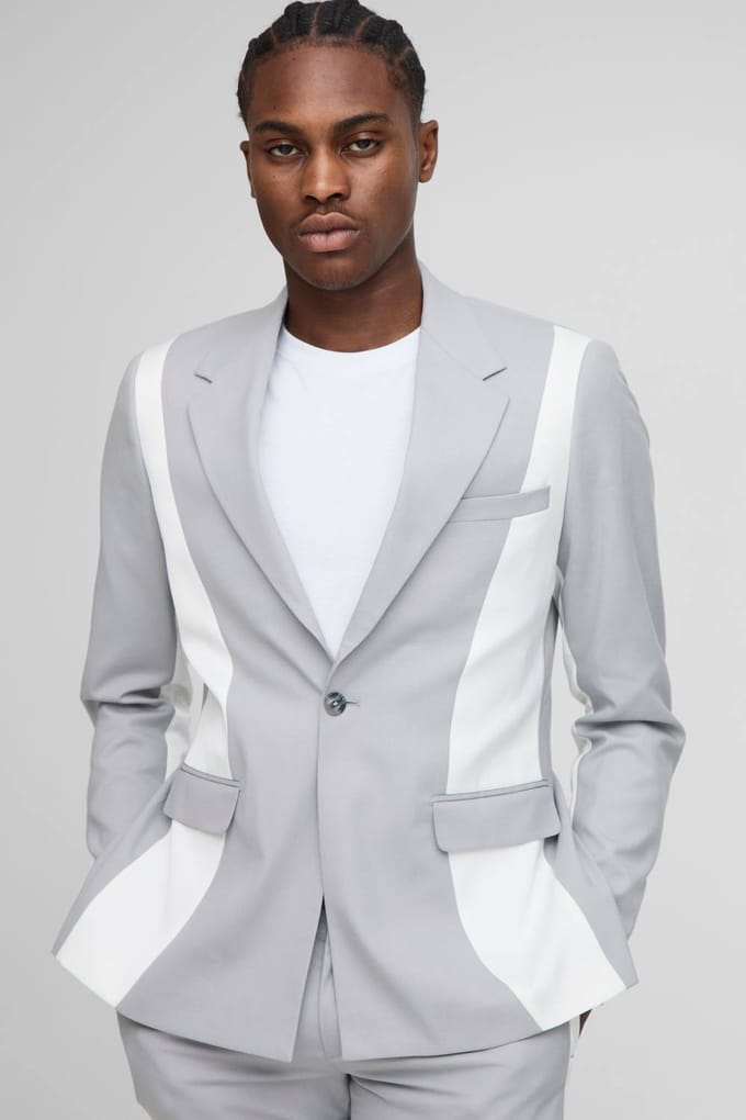 Slim Fit Contrast Panel Blazer | Grey | Size 50