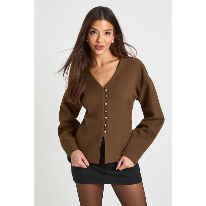 boohoo Dames Gouden Knoop Barrel Mouw blazer | Chocolate | Maat: 6