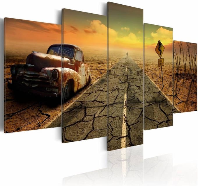 Schilderij - Moeilijke weg, Oldtimer , 5 luik