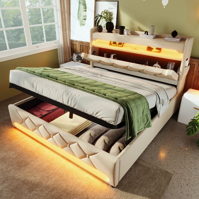 MODFU Bedframe 140x200 cm – beige linnen – 360° LED, USB/Type-C, opbergruimte en matras