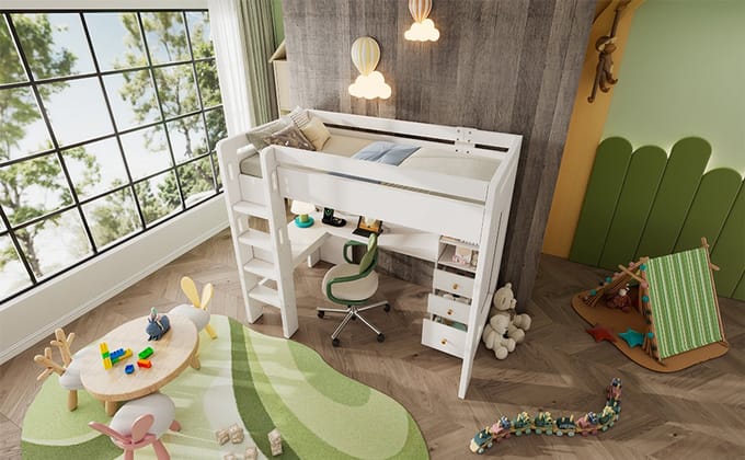 Kinderhoogslaper Met Bureau - Kinderbed Met Opbergruimte Wit - Loft Bed Met USB En Lade
