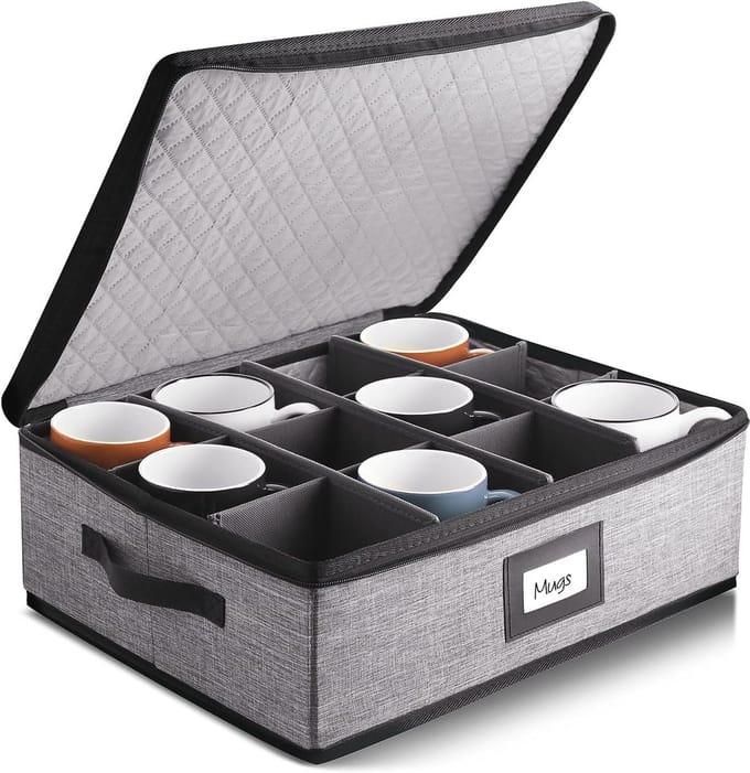 Padded Stackable Coffee Mug Storage Organizer for 12 Cups - Hard Shell Box with Dividers for Moving and Seasonal Use