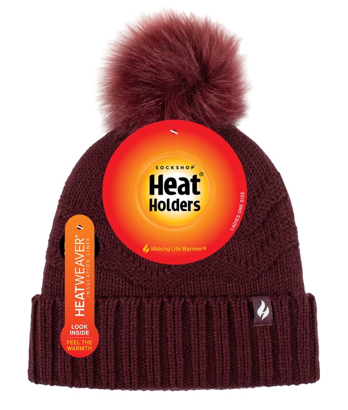 Heat Holders Dames Winter Bont Pom Pom Beanie Muts - Wijn