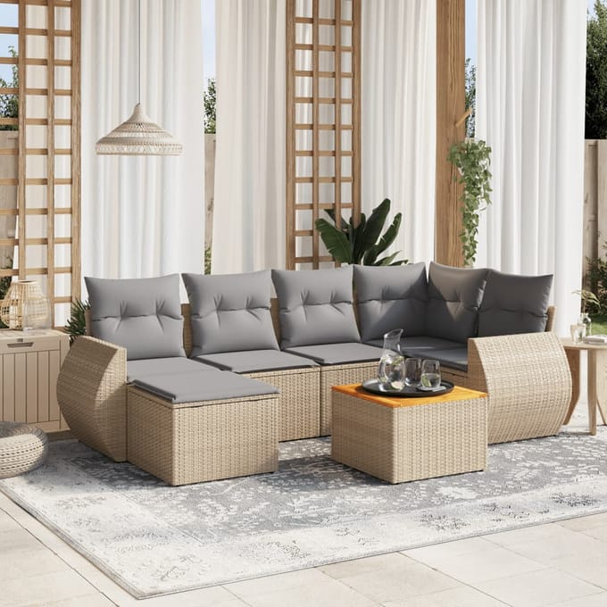 vidaXL - 7-delige - Loungeset - met - kussens - poly - rattan - beige
