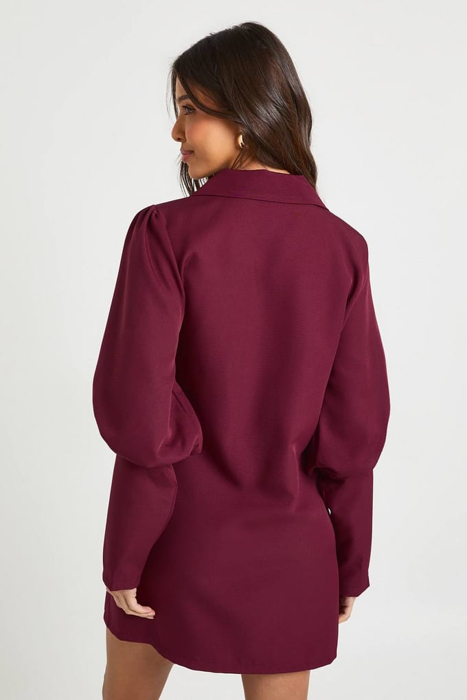 boohoo Dames Volume mouw strik taille blazer jurk | Merlot | Maat: 8