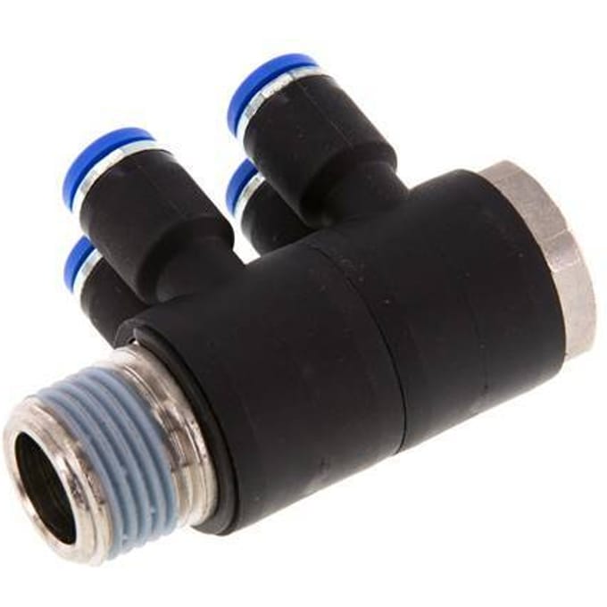 8mm x R1/2'' 4-way Manifold Messing/PA 66 Insteekfitting Buitendraad Draaibaar NBR