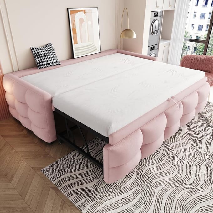 Multifunctioneel Gestoffeerd Slaapbank Bedframe Uitschuifbaar Teddyfluweel 90/180x190 cm
