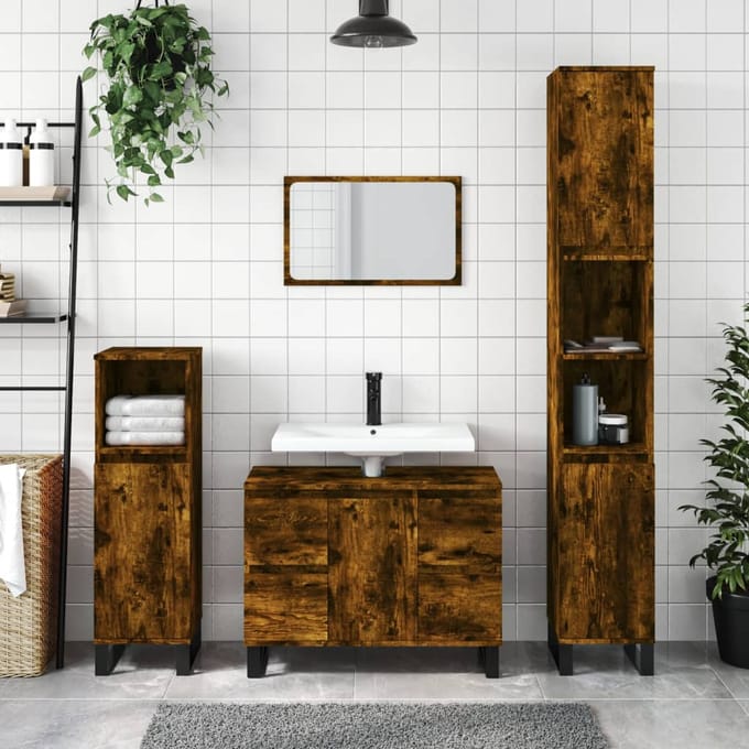 vidaXL - Badkamerkast - 30x30x100 - cm - bewerkt - hout - gerookt - eikenkleurig