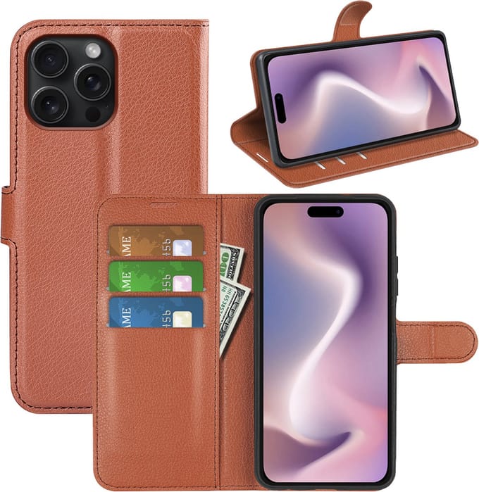 MobyDefend Hoesje - Geschikt voor iPhone 16 Pro Max - Kunstleren Wallet Book Case (Sluiting Voorkant) - Bruin