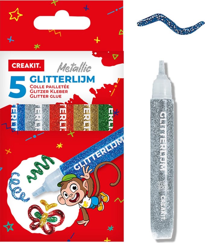 CREAKIT. Glitterlijmpennen - Glitterlijm - 10ml per pen - 5 kleuren