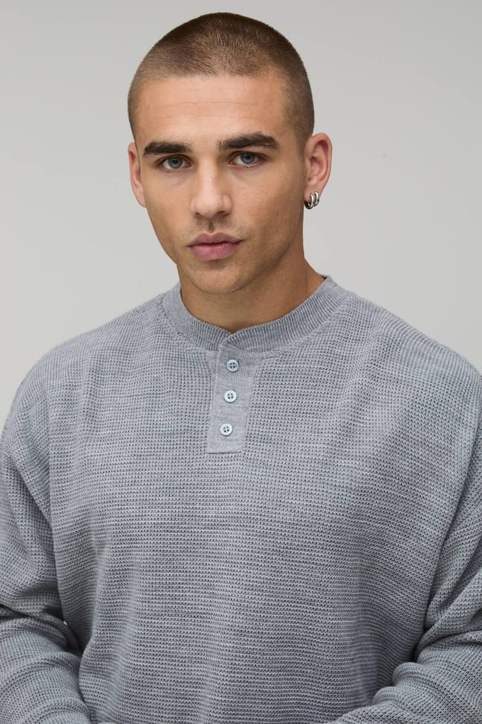 Essential Relaxed Fit Henley Waffle Knitted T-Shirt | Grey | Size Medium