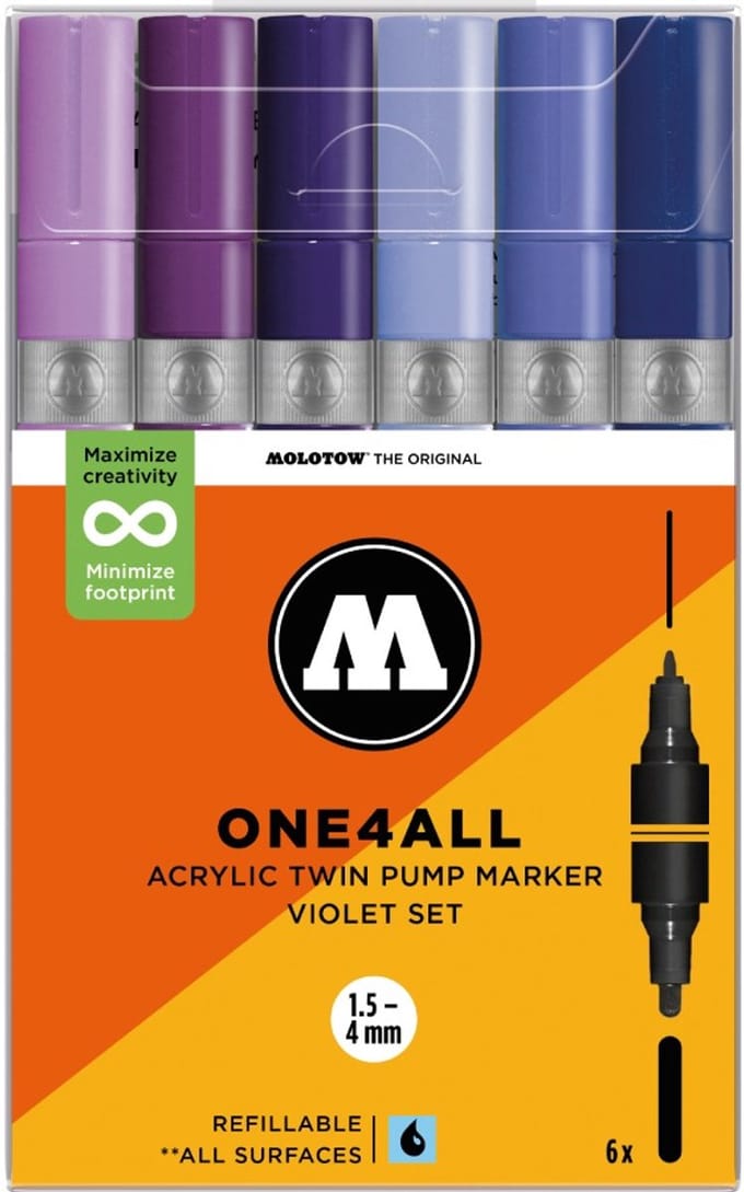 MOLOTOW ONE4ALL MARKERSET TWIN 1,5+4MM VIOLET 6X