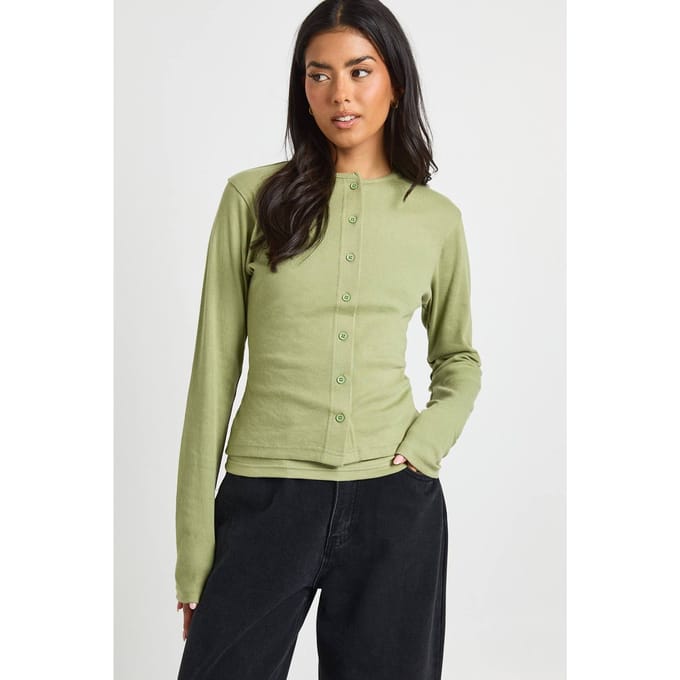 boohoo Dames Geribbelde Dubbele Laag Doorknoop Top | Olive | Maat: 6