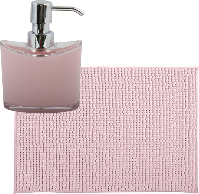 MSV badkamer droogloop mat/tapijtje - 50 x 80 cm - en zelfde kleur zeeppompje 260 ml - lichtroze