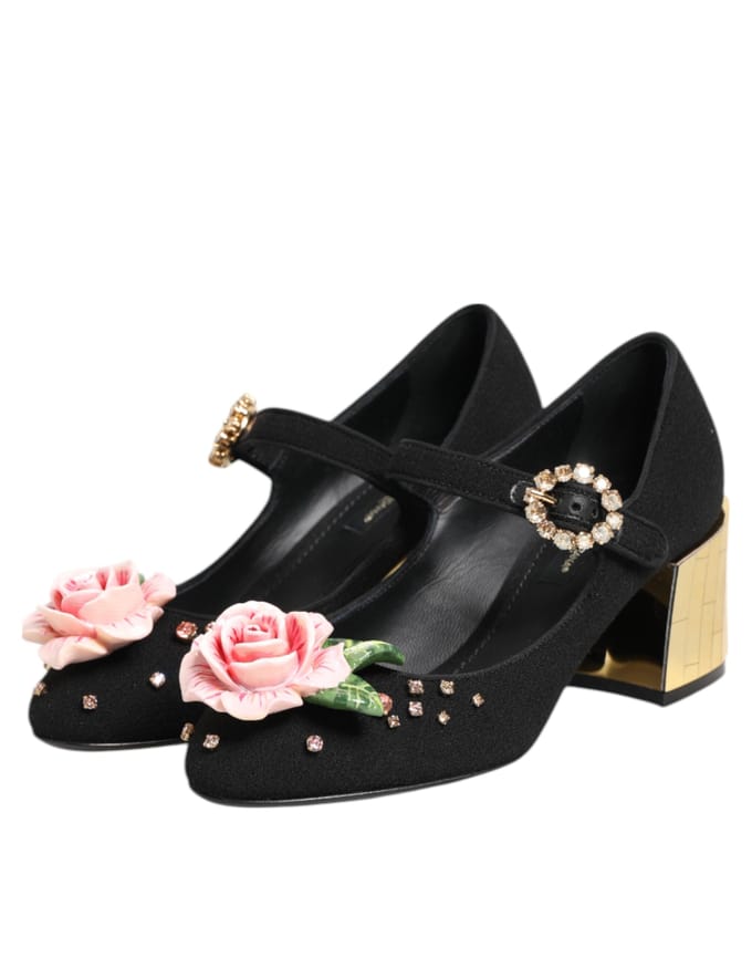 Dolce & Gabbana Zwarte Bloem Kristallen Versierde Mary Jane Schoenen