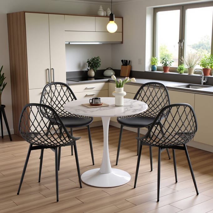 EGGREE eethoek - eettafel met 4 zwarte stoelen - tafel Ø 80 cm - voor bar, café en eetkamer - marmeren tafel