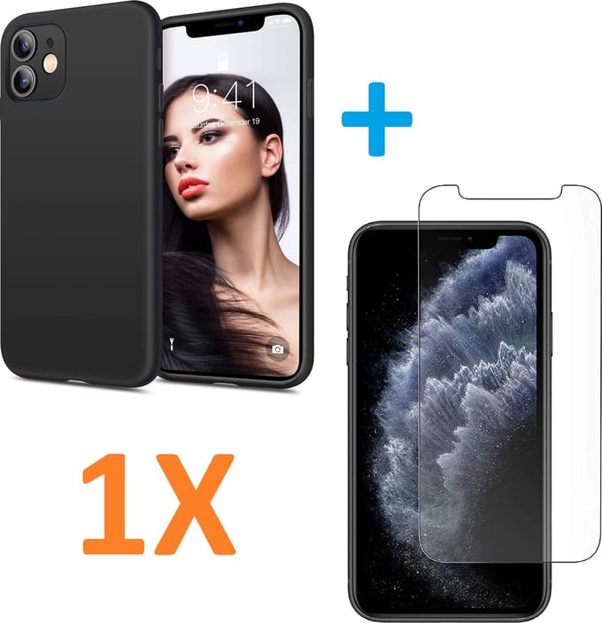 Soft TPU Zwart hoesje Silicone Case + 1 stuk Glas Screenprotector -  Geschikt voor: iPhone 12 Pro Max