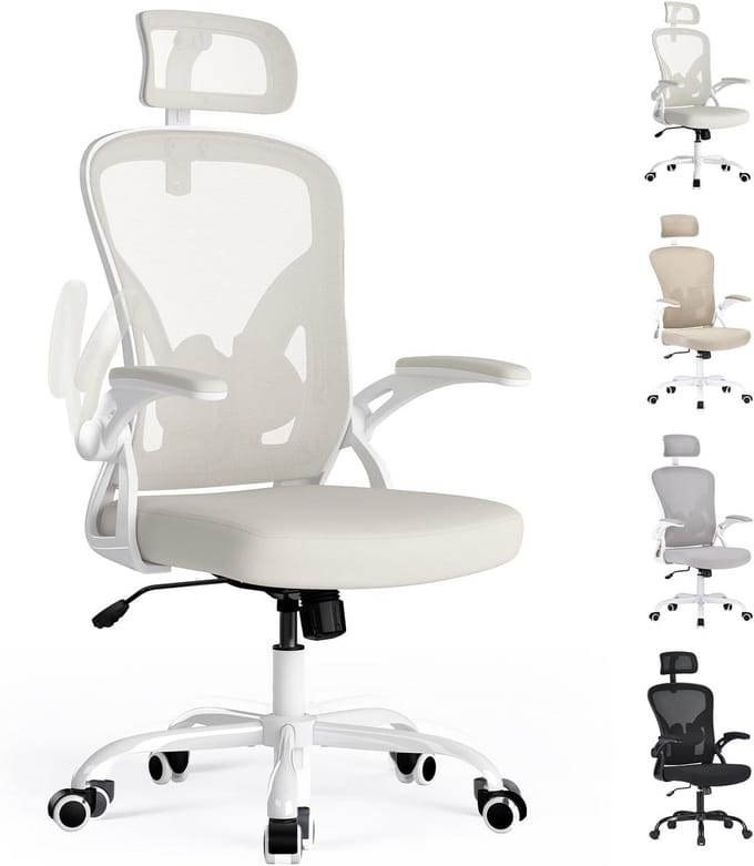 Ergonomische bureaustoel - Comfortabele werkstoel - Thuiswerken - Verstelbare lendensteun - 59.5 x 50 x 129 cm - Wit