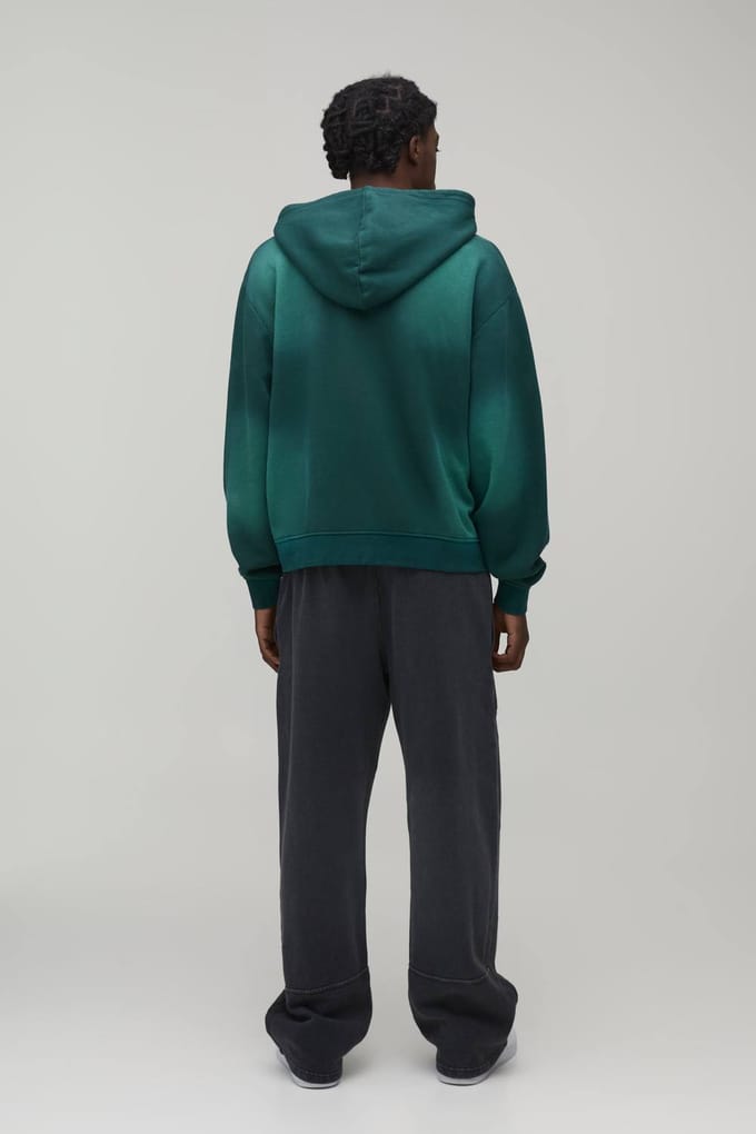 Oversized Boxy Spray Wash Man Embroidered Double Ended Zip Through Hoodie | Green | Size Medium