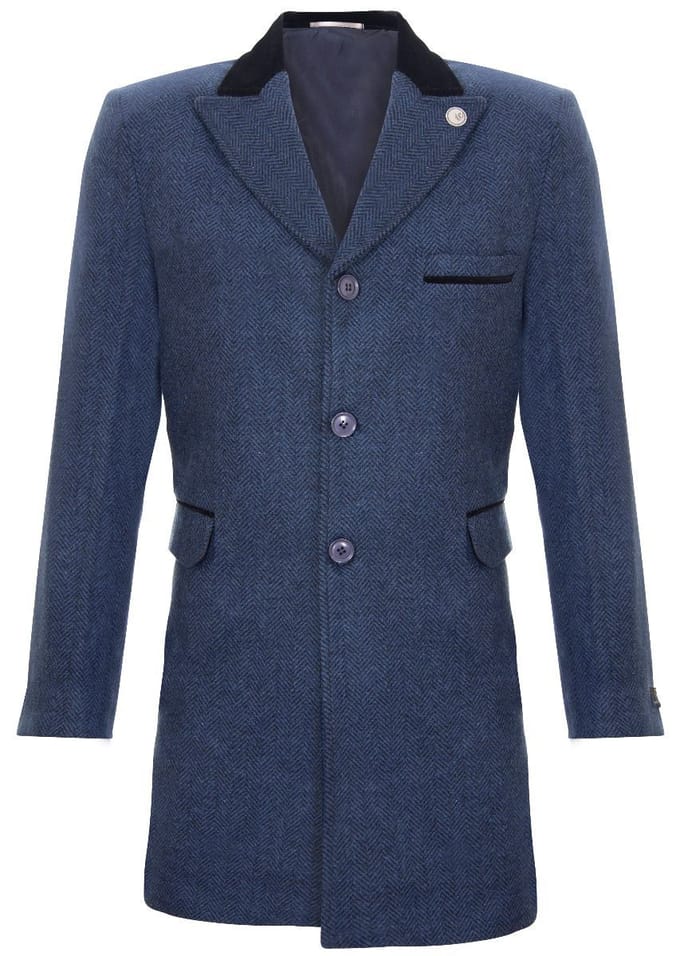 Heren 3/4 lange marineblauwe Crombie overjas jas visgraat tweed jas Peaky Blinder