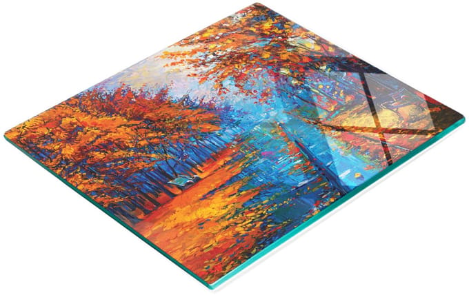 Decoratieve snijplank van gehard glas met herfstbomenmotief, 60x52 cm