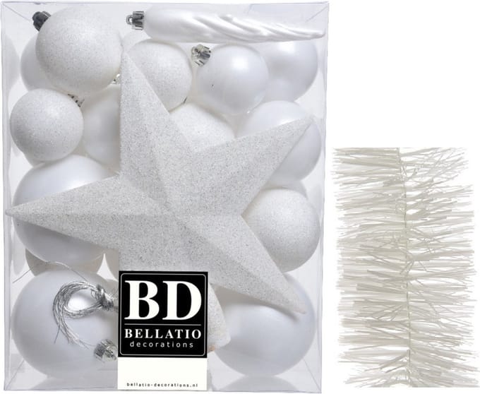 Kerstballen 5-6-8 cm 32x st met ster piek en slinger - wit - kunststof