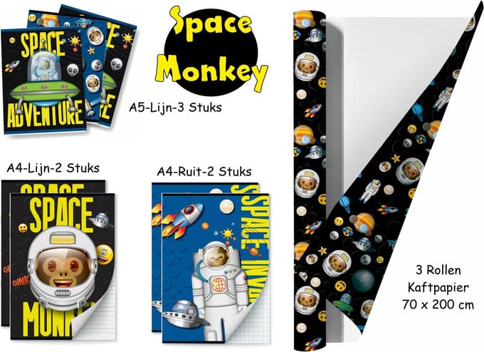 Emoji Space Monkey - Schoolpakket - kaftpapier en schriften