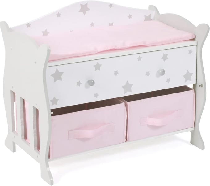 Doll Chest of Drawers with 3 Storage Compartments, Grey with Stars, 3 to 8 Years