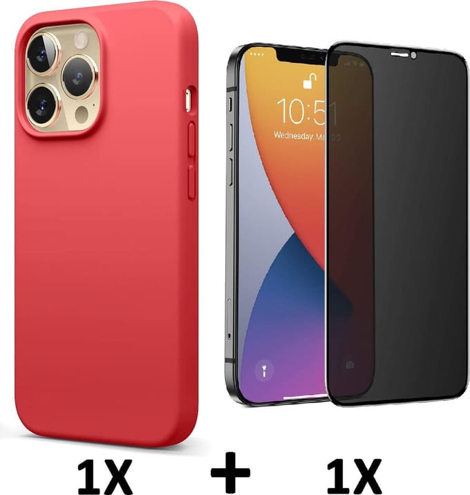 HB Hoesje Geschikt voor Apple iPhone 13 Pro - Rood / Privacy Glazen Screenprotector - Siliconen Back Cover