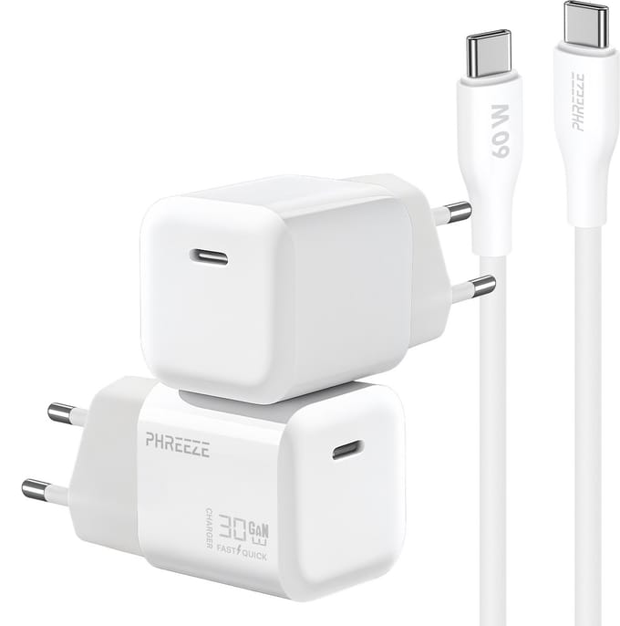 GaN 30w usb C adapter 1m set - Oplader met usb C naar usb C kabel wit