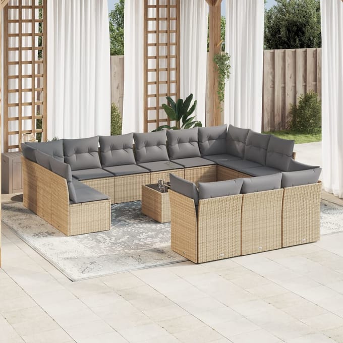vidaXL - 14-delige - Loungeset - met - kussens - poly - rattan - beige