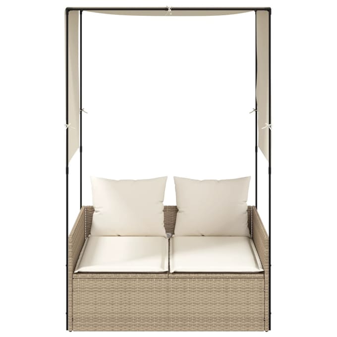 vidaXL - Ligbed - tweepersoons - met - dak - en - gordijn - poly - rattan - beige