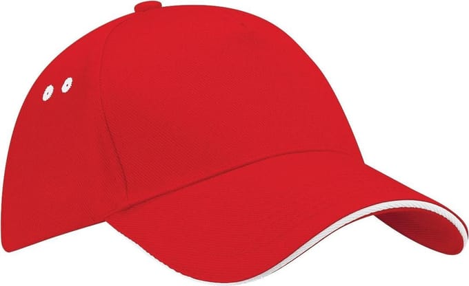 Beechfield Unisex Ultimate 5 Panel Contrast Baseball Cap met Sandwich Peak / Hoofddeksel (Pakket van 2) (Klassiek rood/wit)