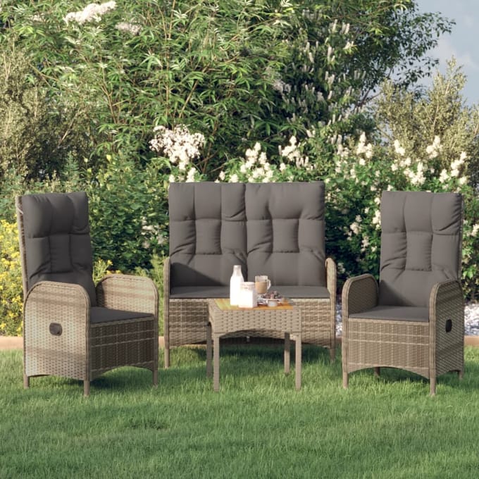 vidaXL - 3-delige - Tuinset - met - kussens - poly - rattan - grijs