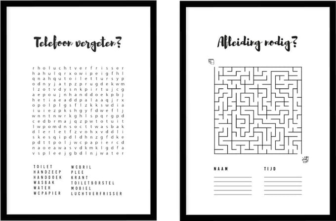 Poster Woordzoeker en Doolhof - WC Posters - Exclusief lijsten - 21x30 cm - A4 - WALLLL