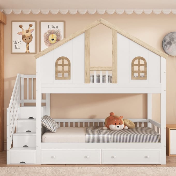 Sweiko Stapelbed - 90x200 cm - 2 laden - Den + MDF - Wit + Natuurlijk